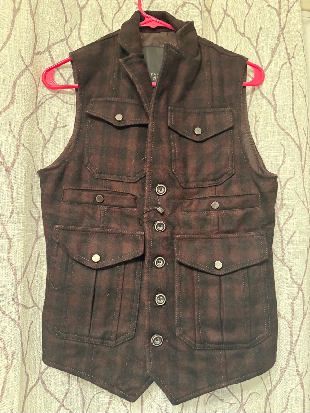 Zara Men's Brown Plaid Button-Front Vest Jacket